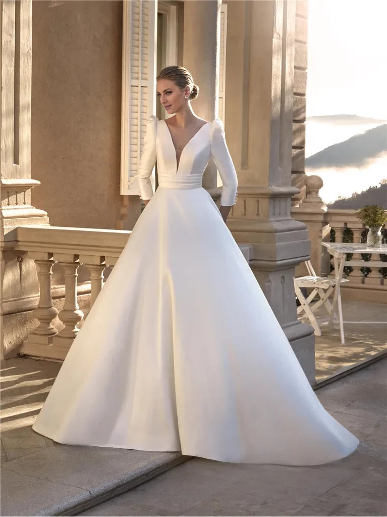 Ivory Satin A-Line V-Neck Floor-Length Dress with Deep V-neck and Pleated Waistband