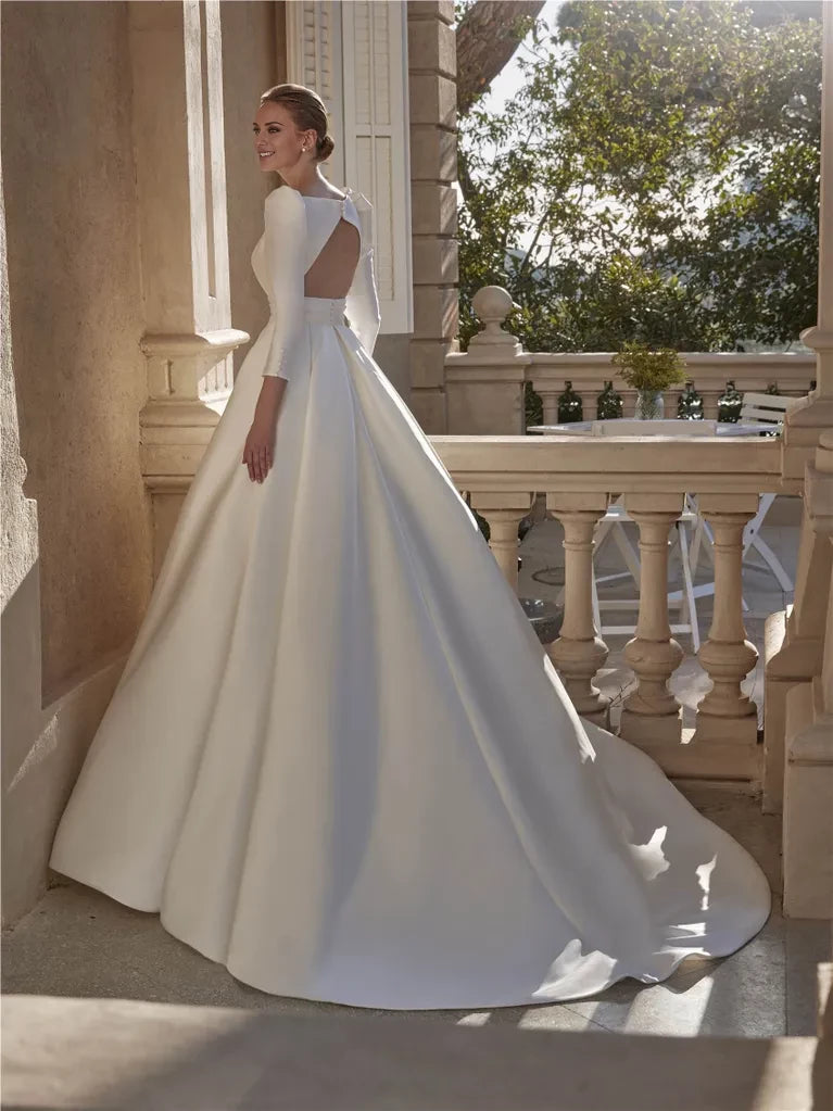 Ivory Satin A-Line V-Neck Floor-Length Dress with Deep V-neck and Pleated Waistband