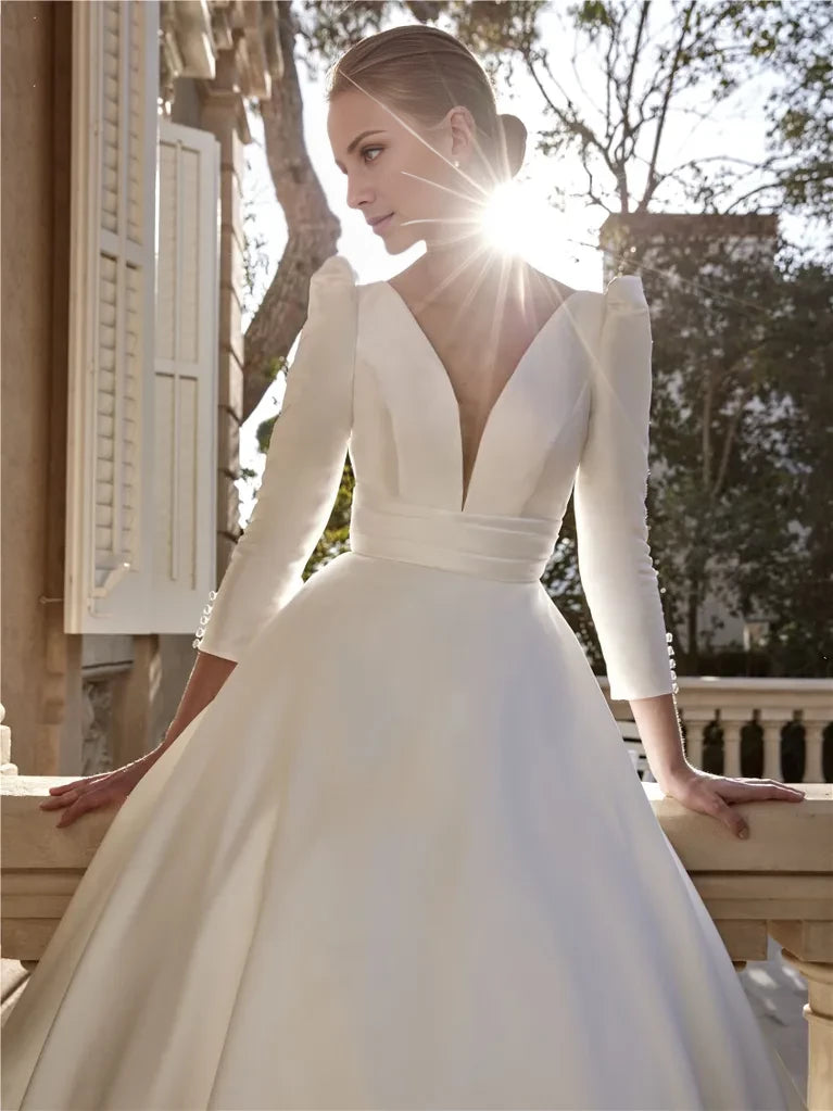 Ivory Satin A-Line V-Neck Floor-Length Dress with Deep V-neck and Pleated Waistband