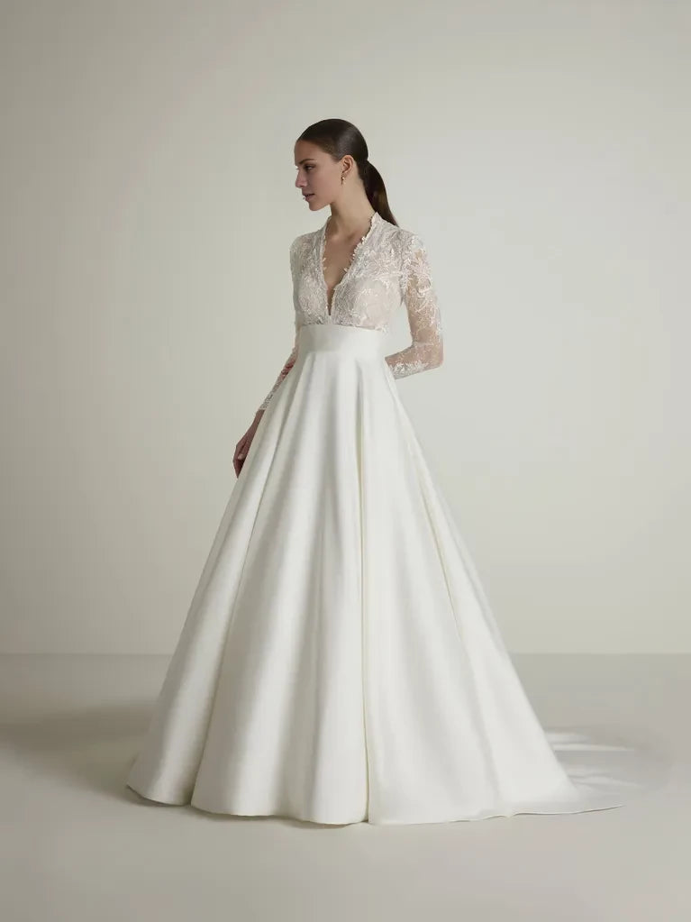 Elegant Ball Gown Deep V-Neck Lace Long Sleeve Open Back Maxi Winter Wedding Dress