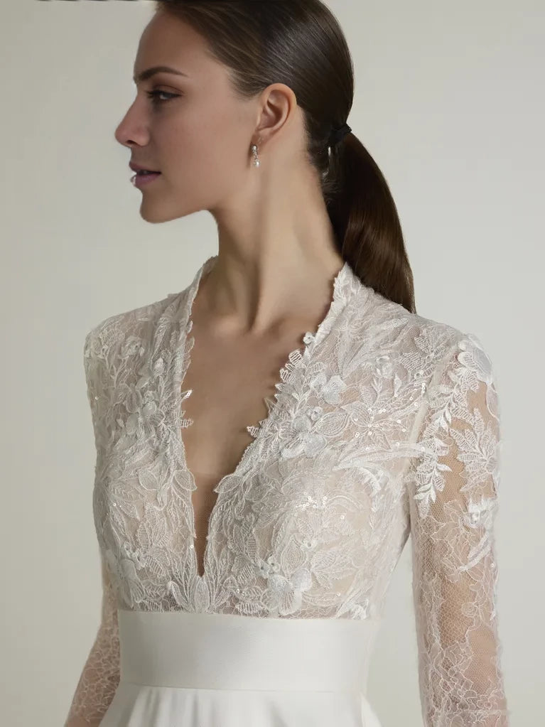 Elegant Ball Gown Deep V-Neck Lace Long Sleeve Open Back Maxi Winter Wedding Dress