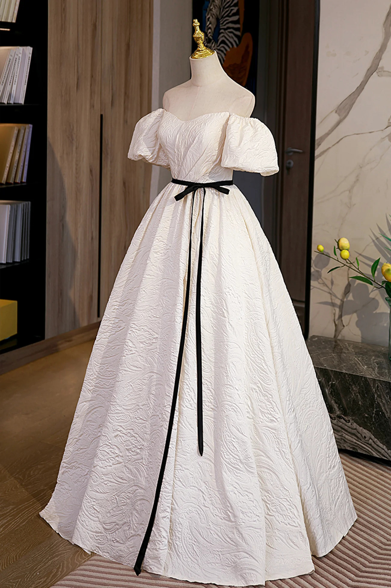 Elegant Ball Gown Off The Shoulder Puff Sleeve Lace Up Back Floor Length Evening Dresses