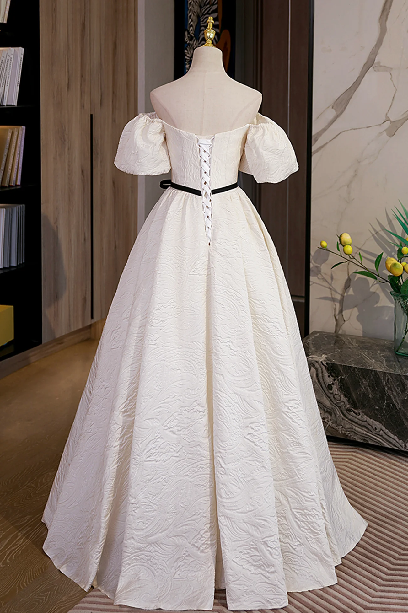 Elegant Ball Gown Off The Shoulder Puff Sleeve Lace Up Back Floor Length Evening Dresses