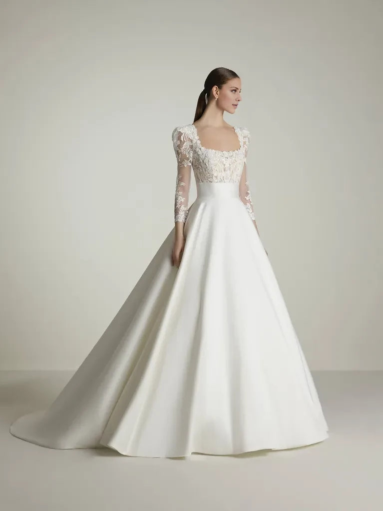 Elegant Ball Gown Square Neck Lace 3/4 Sleeve Open Back Floor-Length Winter Wedding Dress