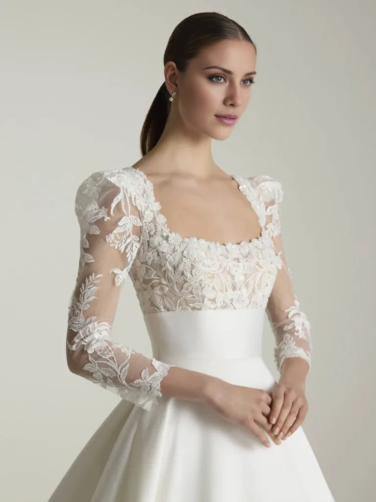 Elegant Ball Gown Square Neck Lace 3/4 Sleeve Open Back Floor-Length Winter Wedding Dress