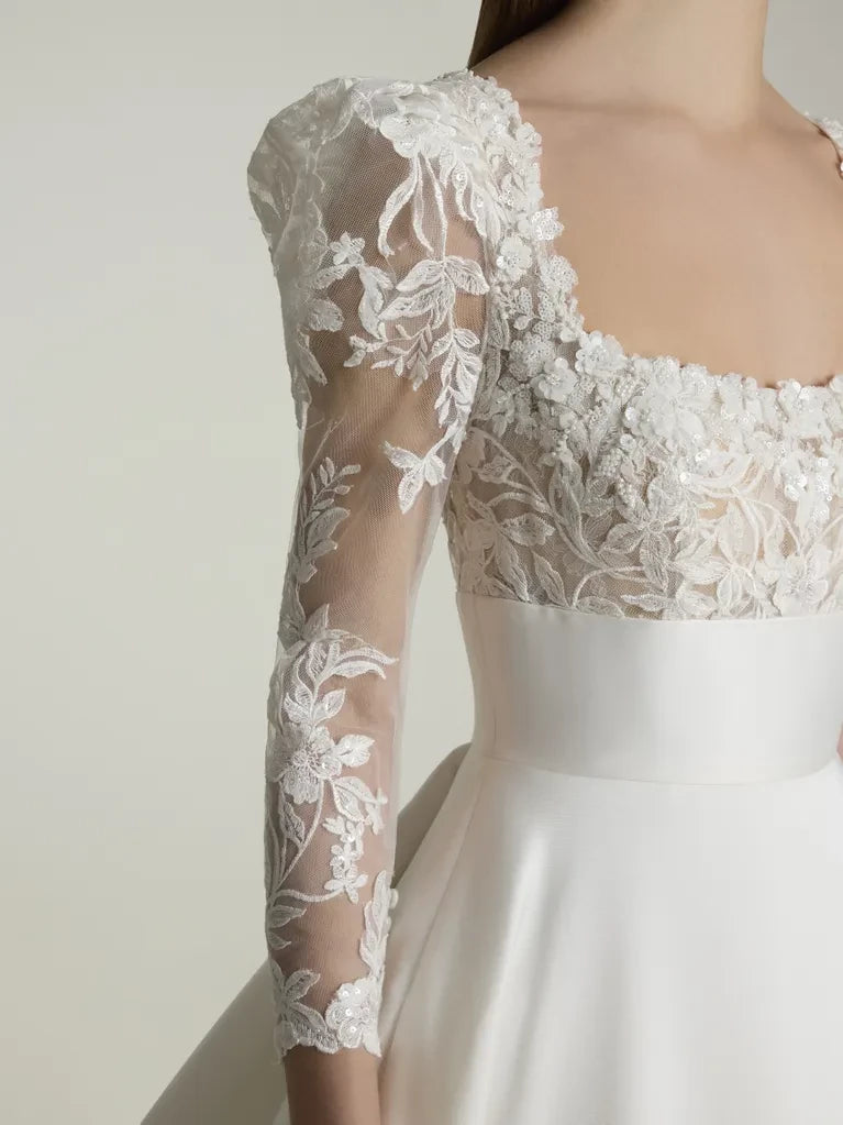 Elegant Ball Gown Square Neck Lace 3/4 Sleeve Open Back Floor-Length Winter Wedding Dress