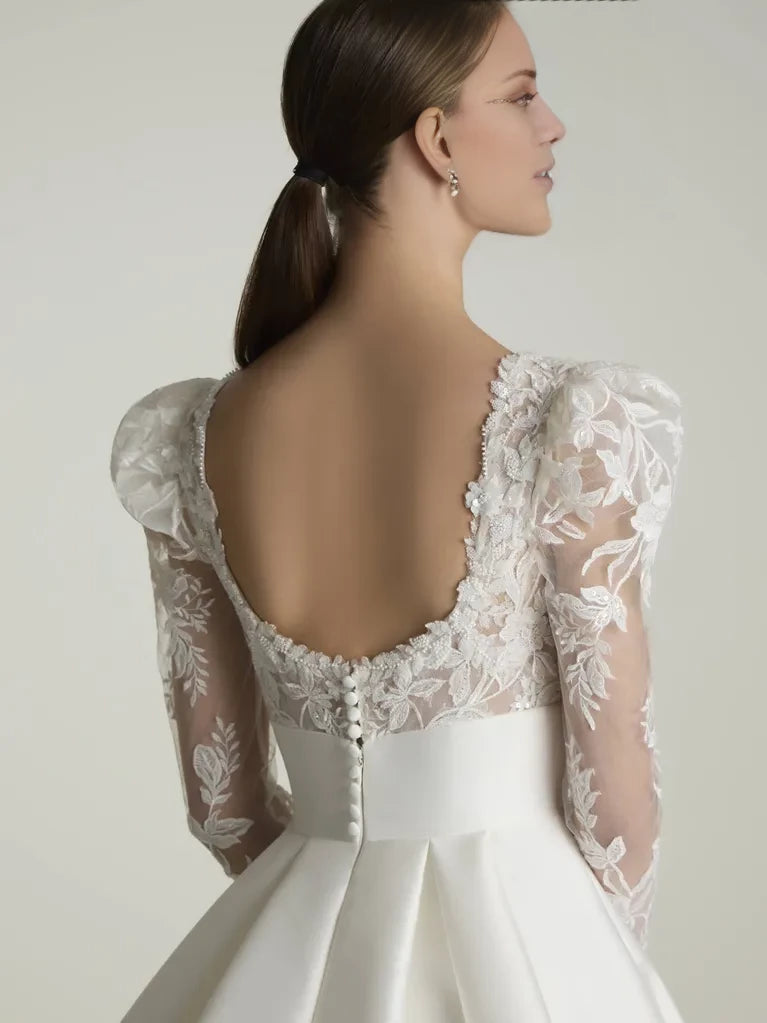 Elegant Ball Gown Square Neck Lace 3/4 Sleeve Open Back Floor-Length Winter Wedding Dress