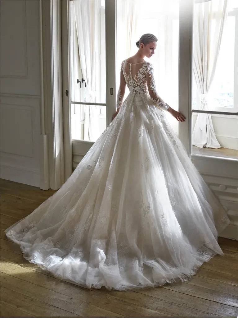 Elegant Ball Gown V-Neck Long Sleeve Open Back Maxi Winter Wedding Dress
