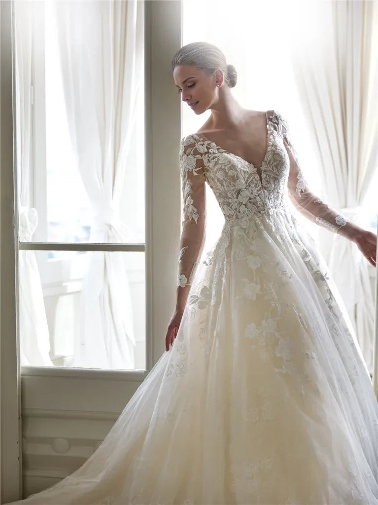 Elegant Ball Gown V-Neck Long Sleeve Open Back Maxi Winter Wedding Dress