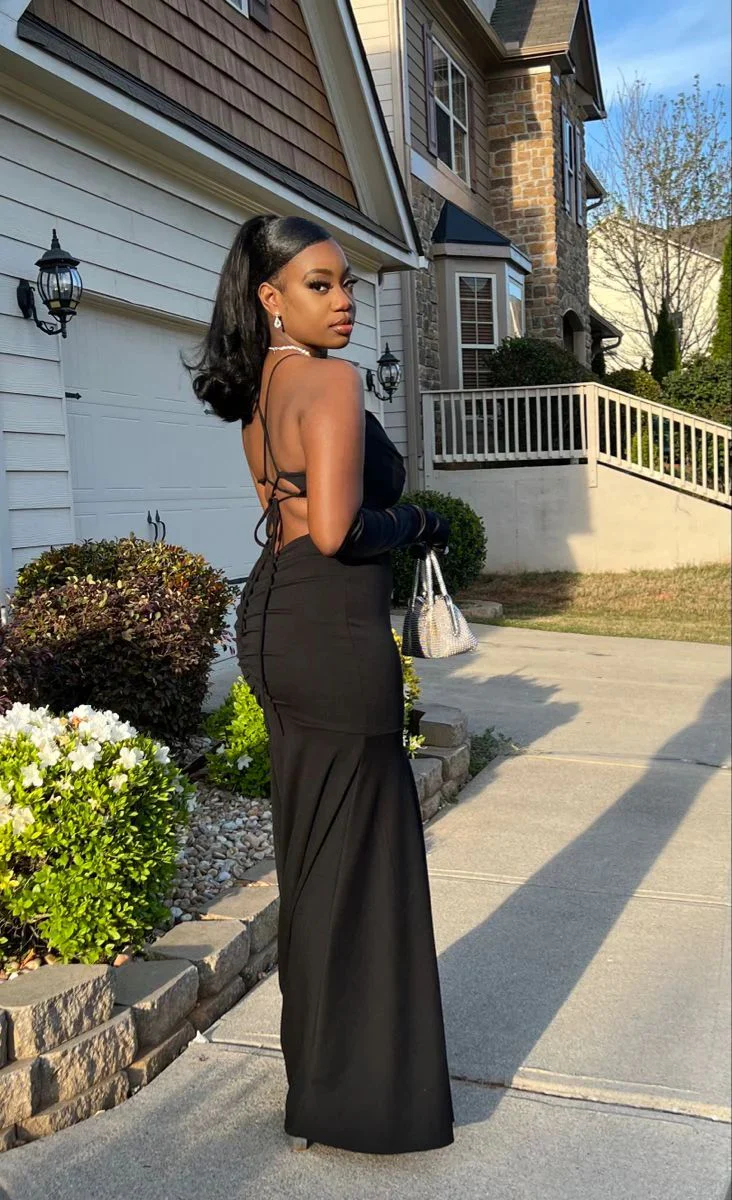Elegant Black Mermaid Cowl Neck Lace-Up Back Floor-Length Evening Dresses