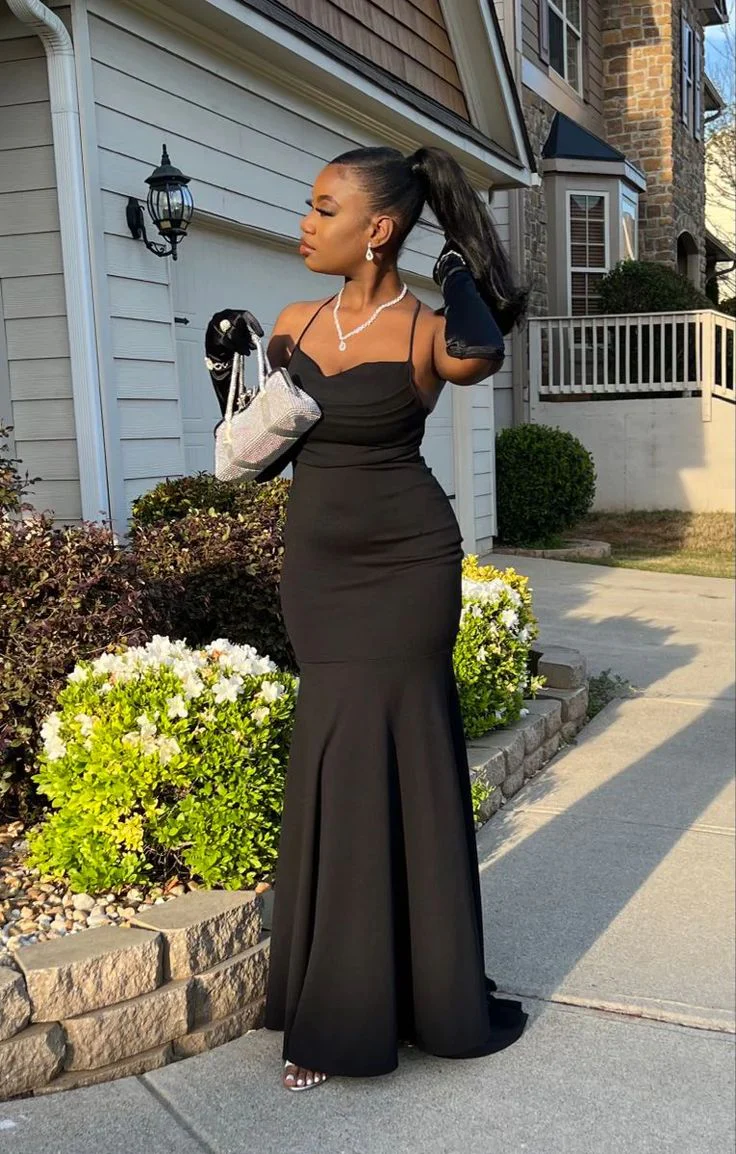 Elegant Black Mermaid Cowl Neck Lace-Up Back Floor-Length Evening Dresses