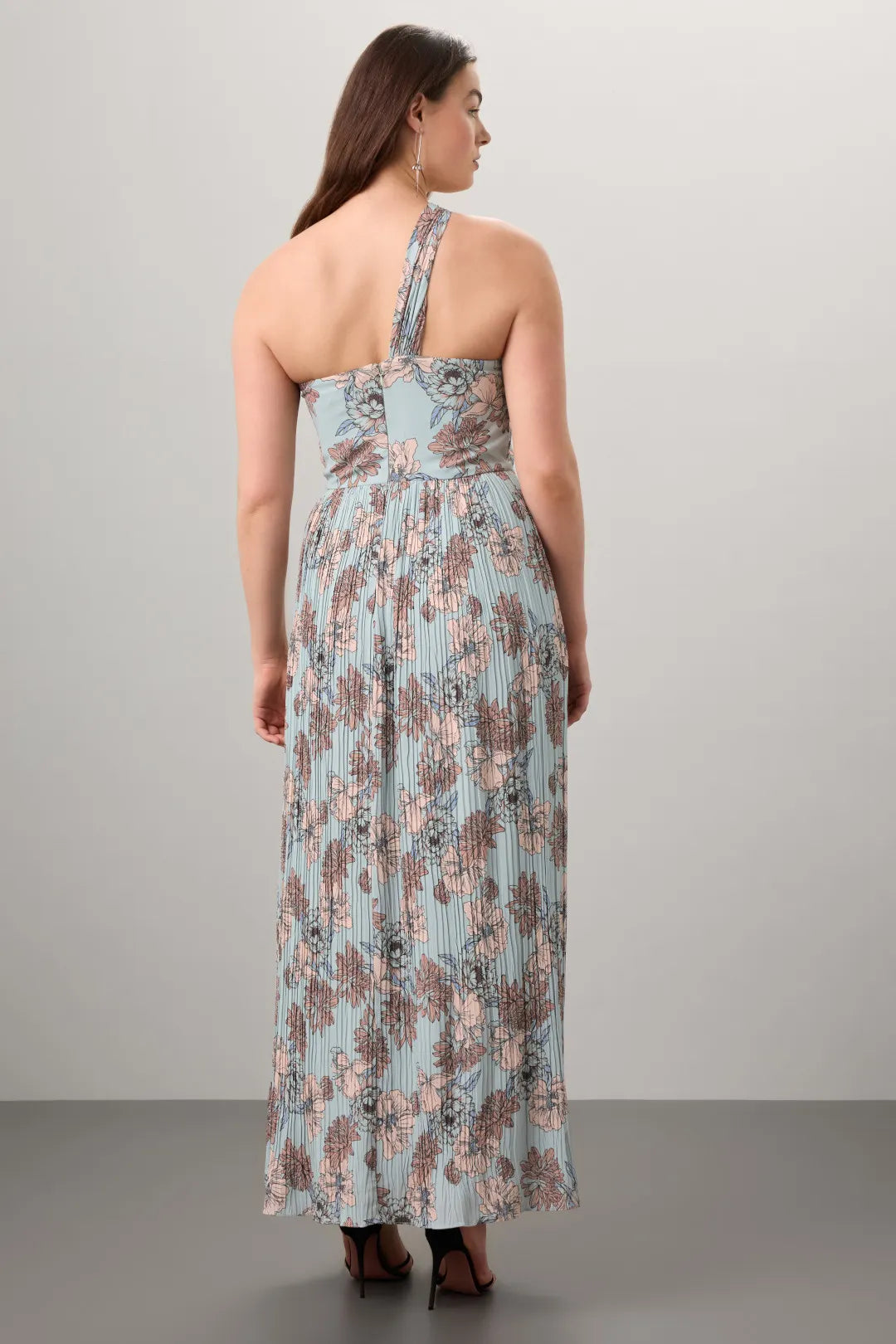 Elegant Blue Floral A-Line One-Shoulder Sleeveless Pleated Maxi Prom Dresses