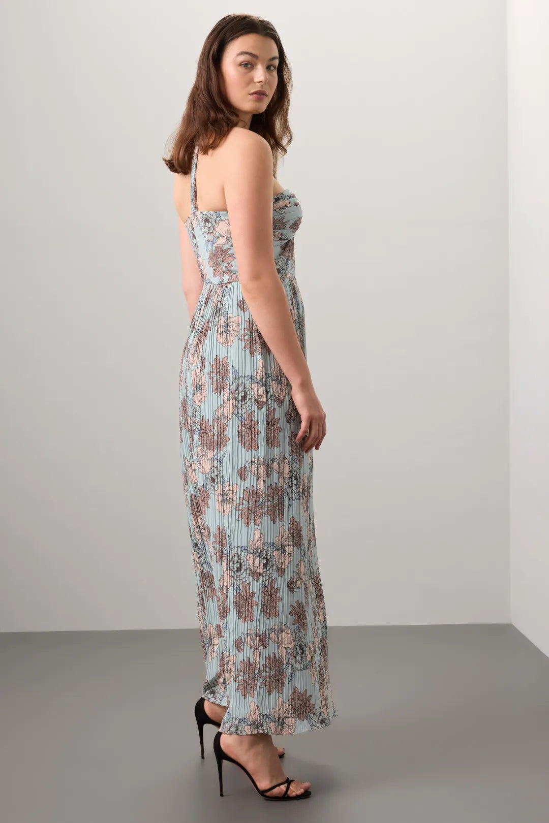 Elegant Blue Floral A-Line One-Shoulder Sleeveless Pleated Maxi Prom Dresses