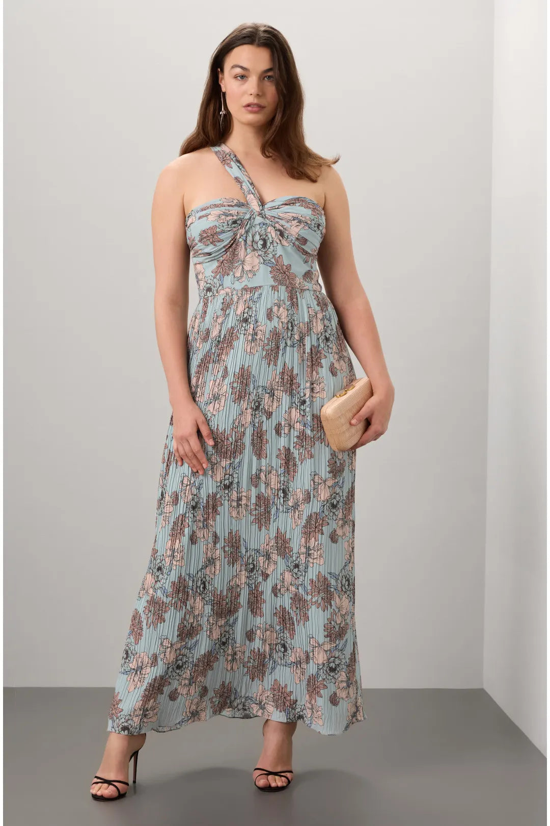 Elegant Blue Floral A-Line One-Shoulder Sleeveless Pleated Maxi Prom Dresses