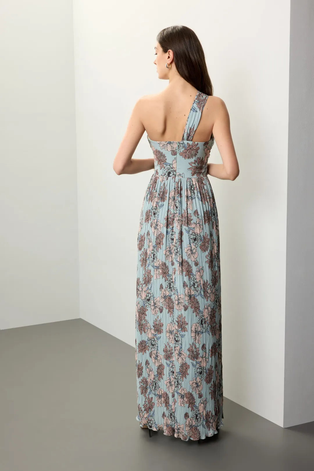 Elegant Blue Floral A-Line One-Shoulder Sleeveless Pleated Maxi Prom Dresses