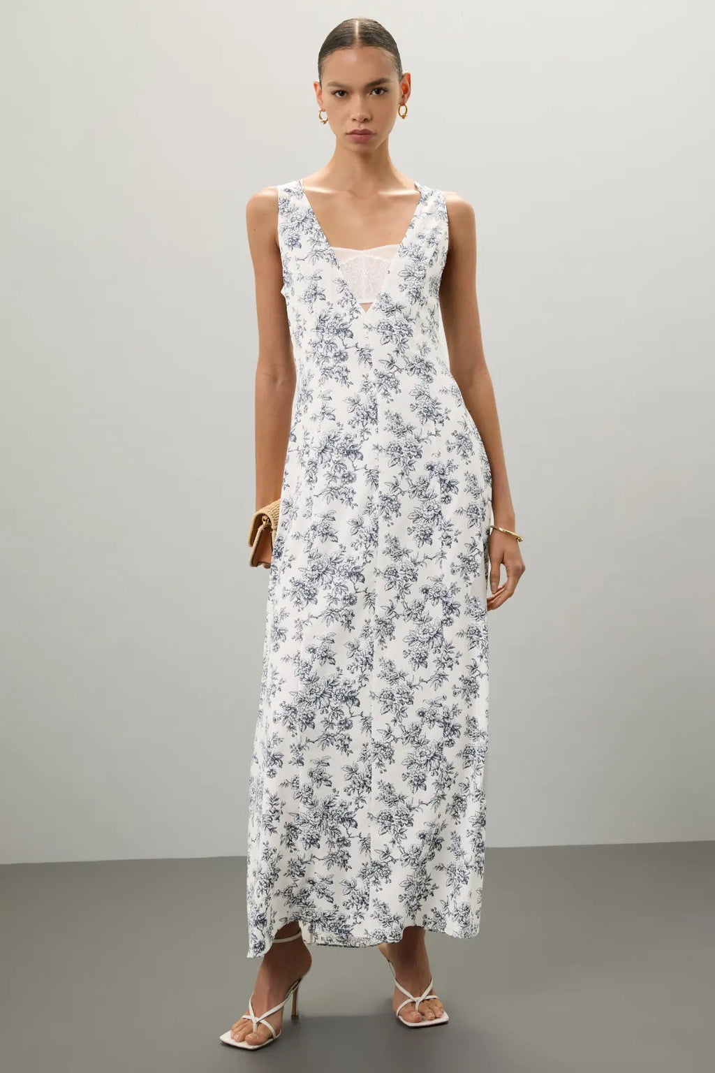 White Chiffon A-Line Floor-Length Dress with V-Neck, Floral Print & Lace Insert