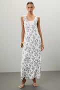 White Chiffon A-Line Floor-Length Dress with V-Neck, Floral Print & Lace Insert