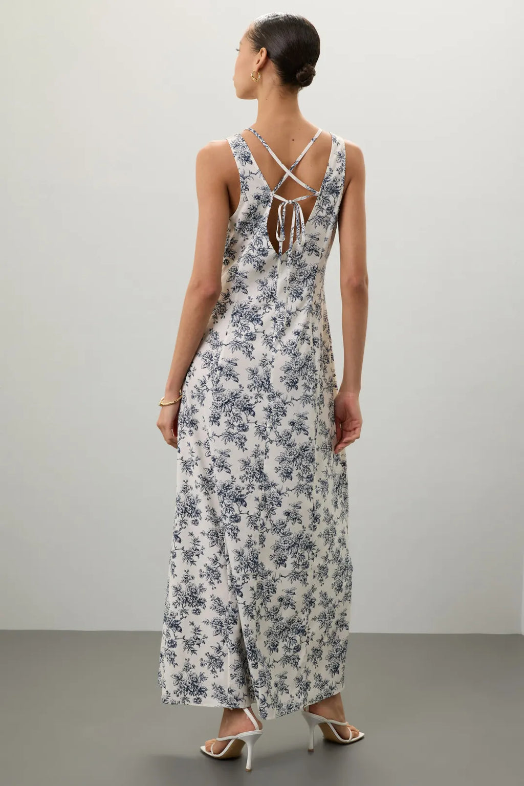 White Chiffon A-Line Floor-Length Dress with V-Neck, Floral Print & Lace Insert