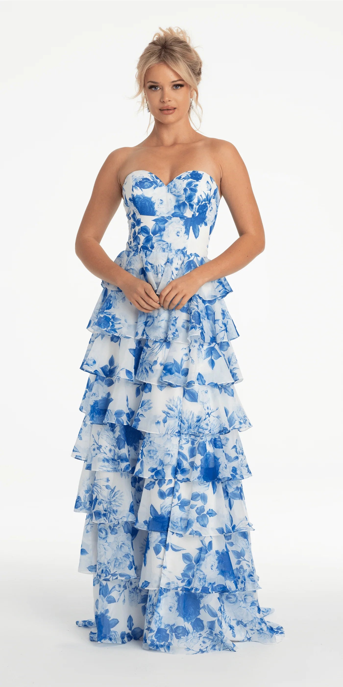 Elegant Blue Floral Print Strapless Sweetheart Lace-Up Back Tiered Ruffled High Slit Prom Dress