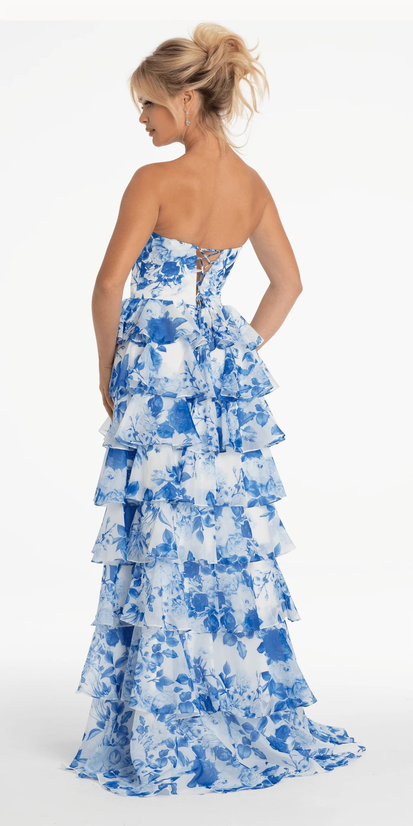 Elegant Blue Floral Print Strapless Sweetheart Lace-Up Back Tiered Ruffled High Slit Prom Dress