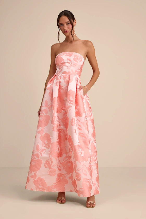Elegant Blush Pink Floral Jacquard A-Line Silhouette Strapless Neck Fitted Bodice Lace Up Back Side Pockets Maxi Satin Prom Dress