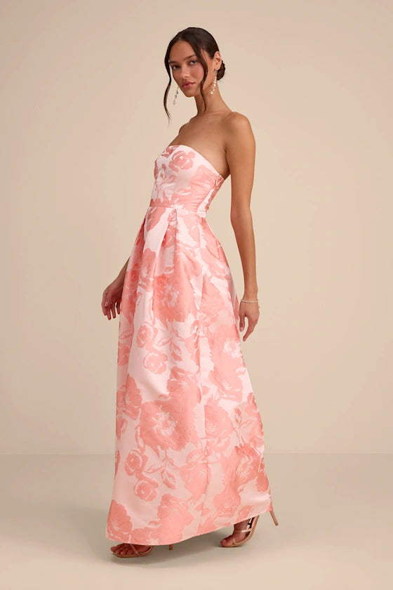 Elegant Blush Pink Floral Jacquard A-Line Silhouette Strapless Neck Fitted Bodice Lace Up Back Side Pockets Maxi Satin Prom Dress