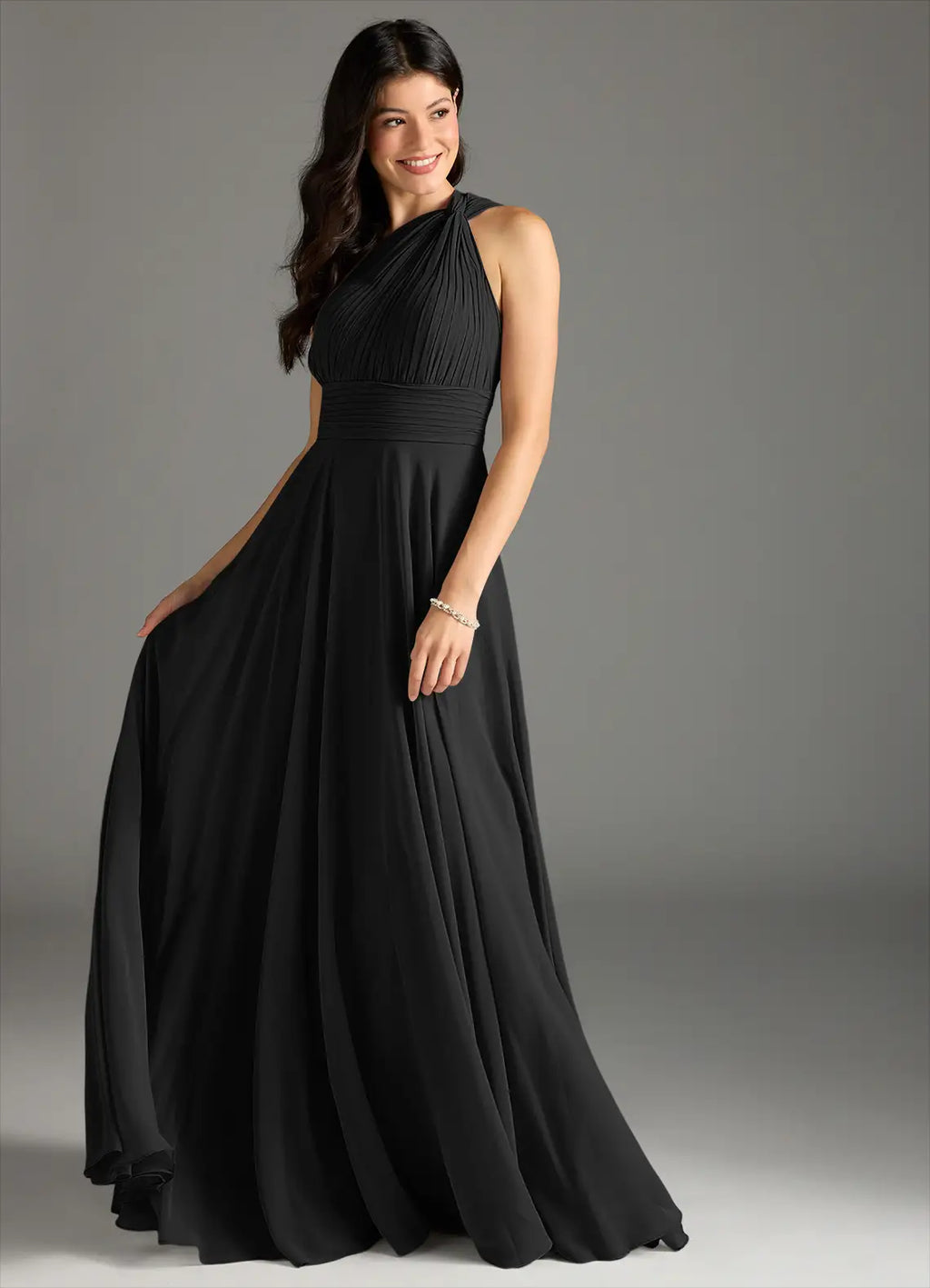 Black Chiffon Halter Backless A-Line Floor-Length Bridesmaid Dress