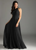 Black Chiffon Halter Backless A-Line Floor-Length Bridesmaid Dress