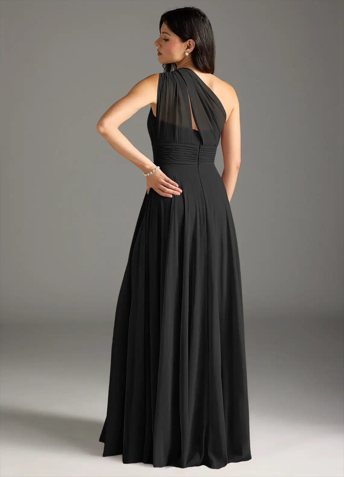 Black Chiffon Halter Backless A-Line Floor-Length Bridesmaid Dress