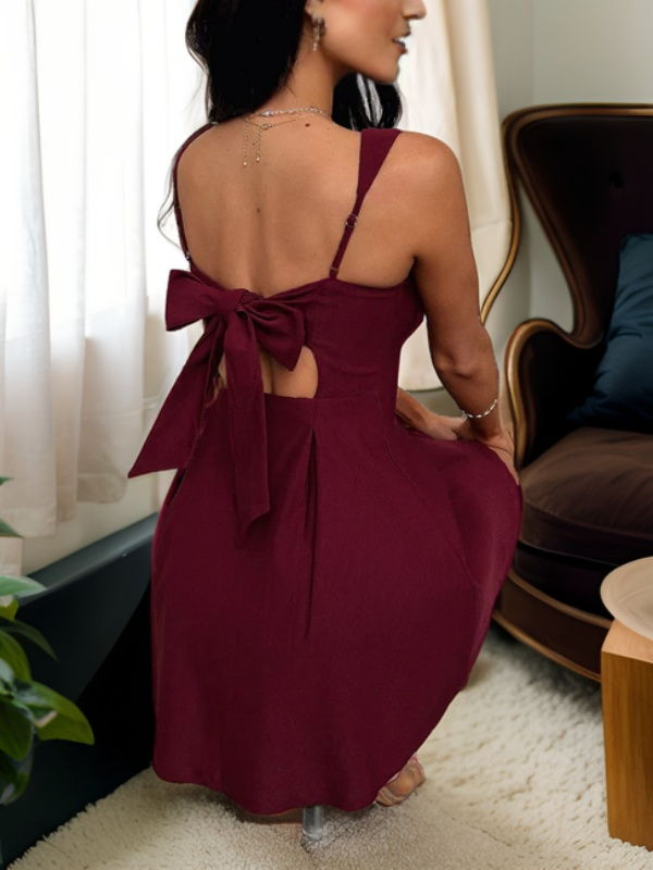 Elegant Crepe A-line Square Neck Bow Back Flared Burgundy Mini Homecoming Dress