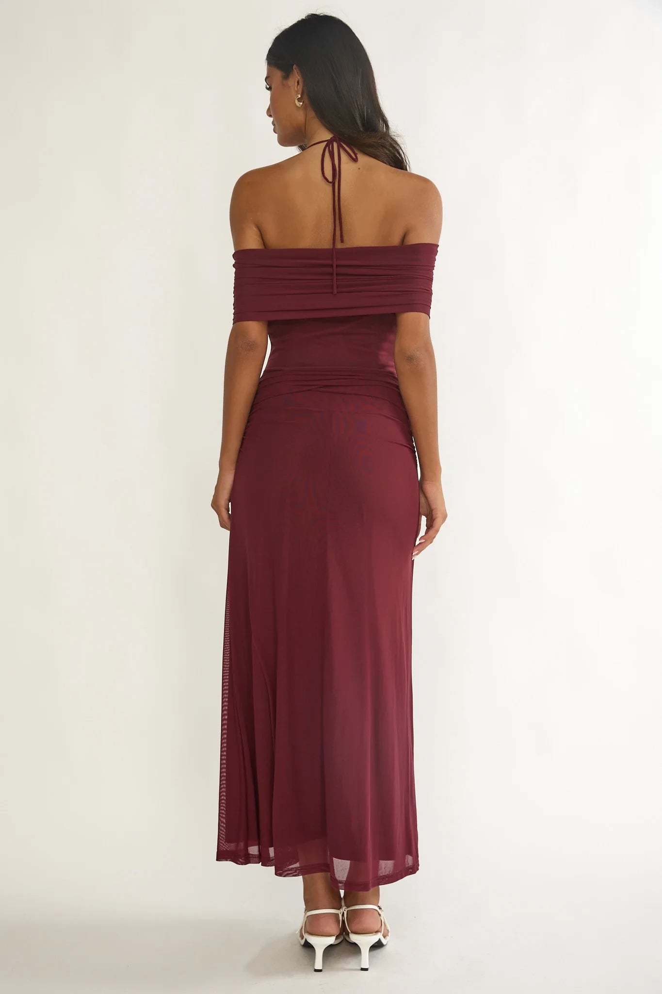 Elegant Burgundy Off-Shoulder Neck Sleeveless Ruched Tie-Neck Mesh Floor-Length Prom Dress