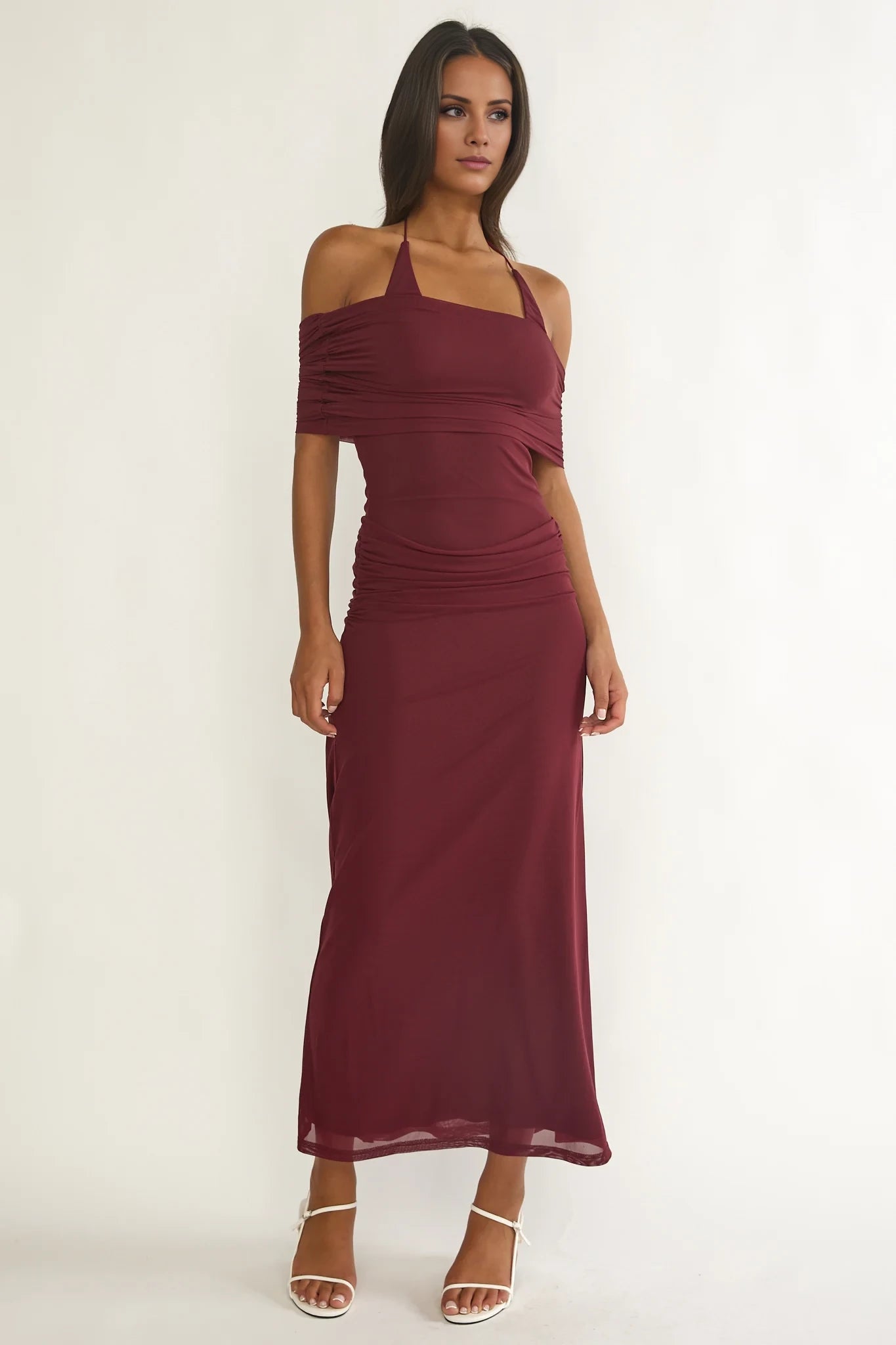Elegant Burgundy Off-Shoulder Neck Sleeveless Ruched Tie-Neck Mesh Floor-Length Prom Dress