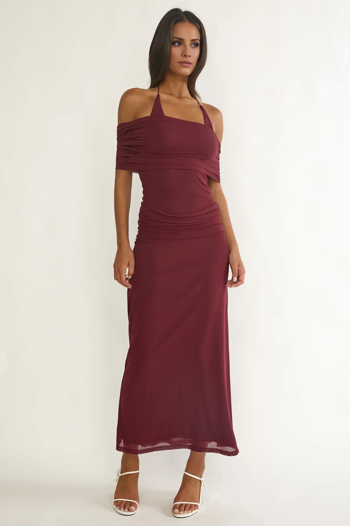 Burgundy Halter Neck Sheath Floor-Length Dress - Bridesmaid & Evening Party