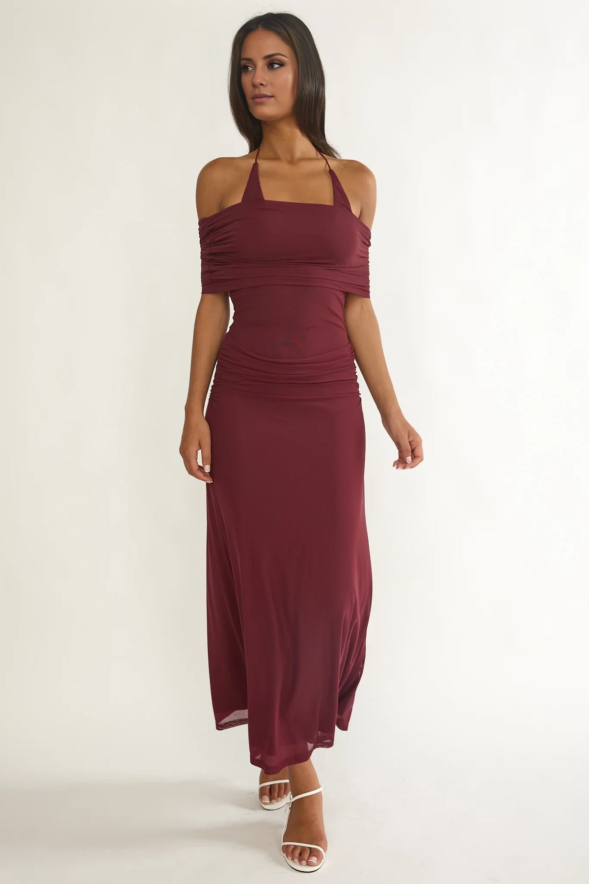 Burgundy Halter Neck Sheath Floor-Length Dress - Bridesmaid & Evening Party