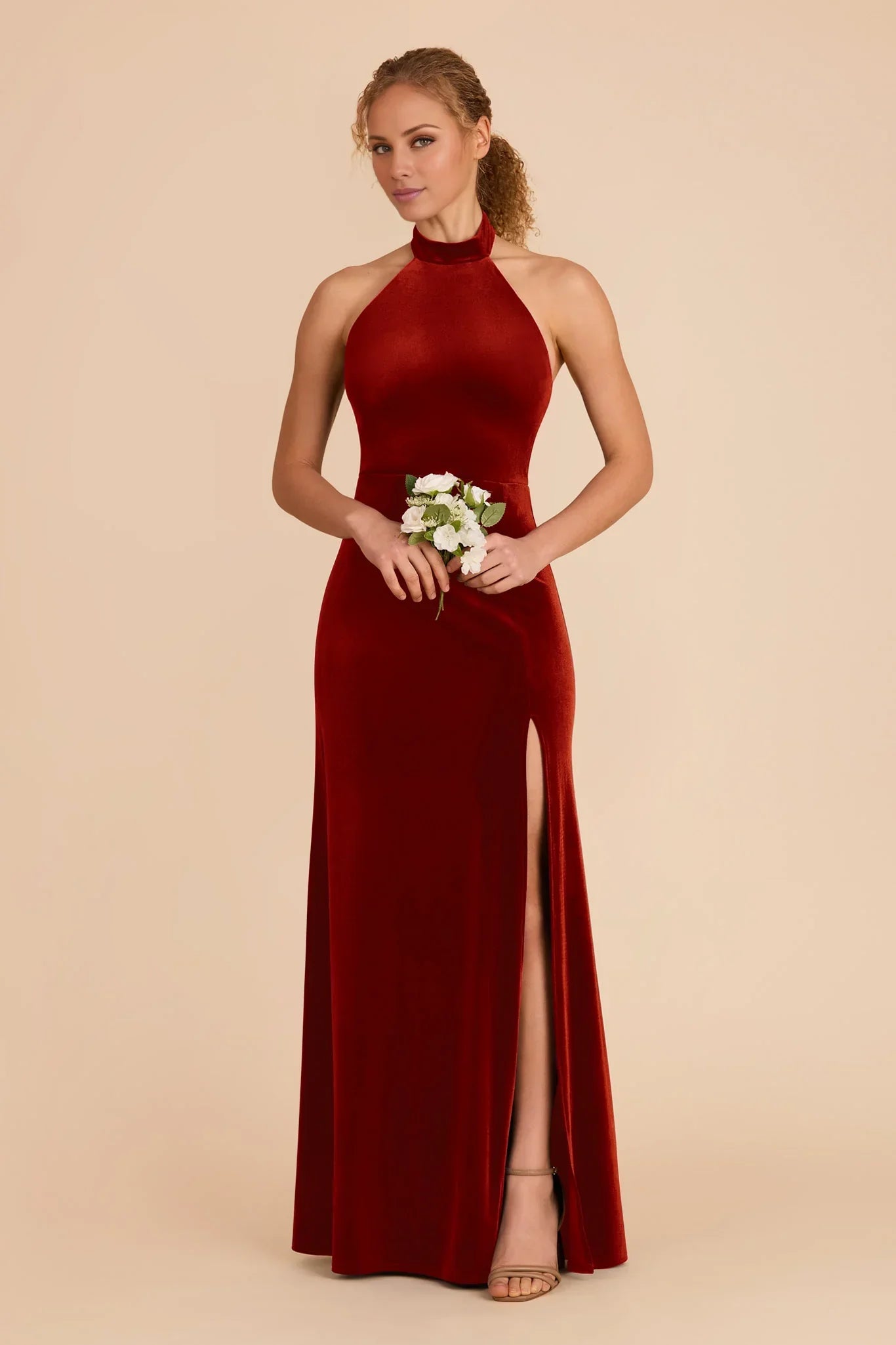 Elegant Burnt Orange Velvet Halter Neck Maxi Bridesmaid Dress with High Side Slit & Open Back