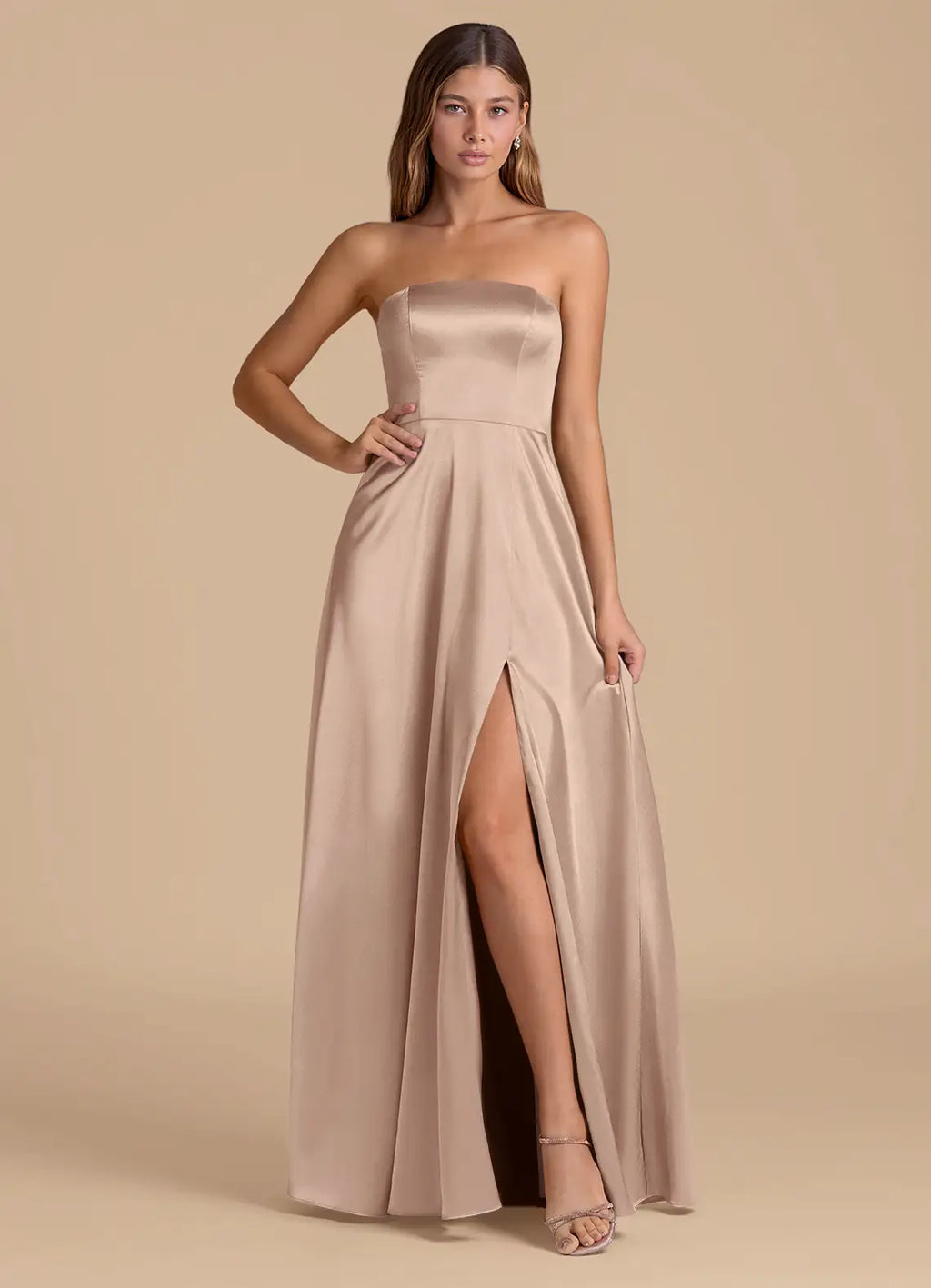 Champagne Satin A-Line Bridesmaid Dress with Straight Neck and High Slit