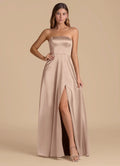 Champagne Satin A-Line Bridesmaid Dress with Straight Neck and High Slit