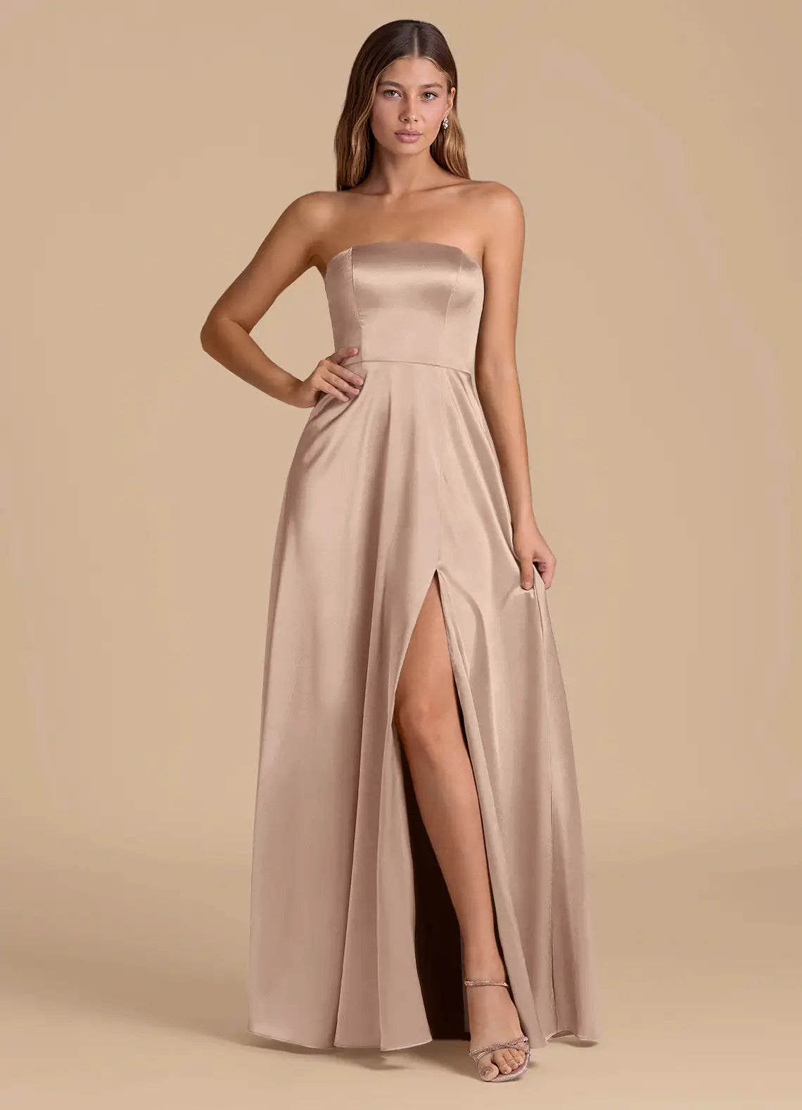 Champagne Satin A-Line Bridesmaid Dress with Straight Neck and High Slit