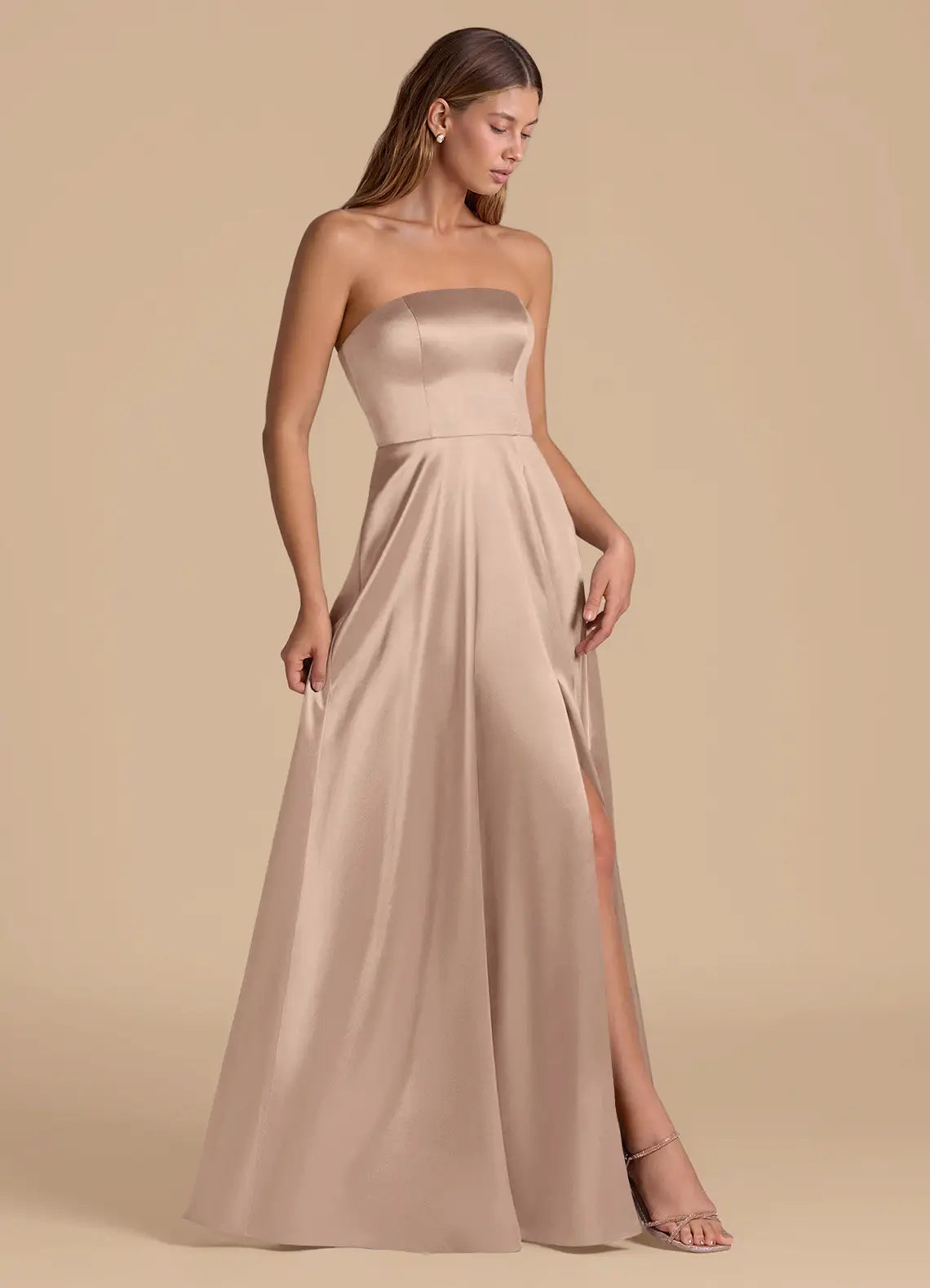 Champagne Satin A-Line Bridesmaid Dress with Straight Neck and High Slit