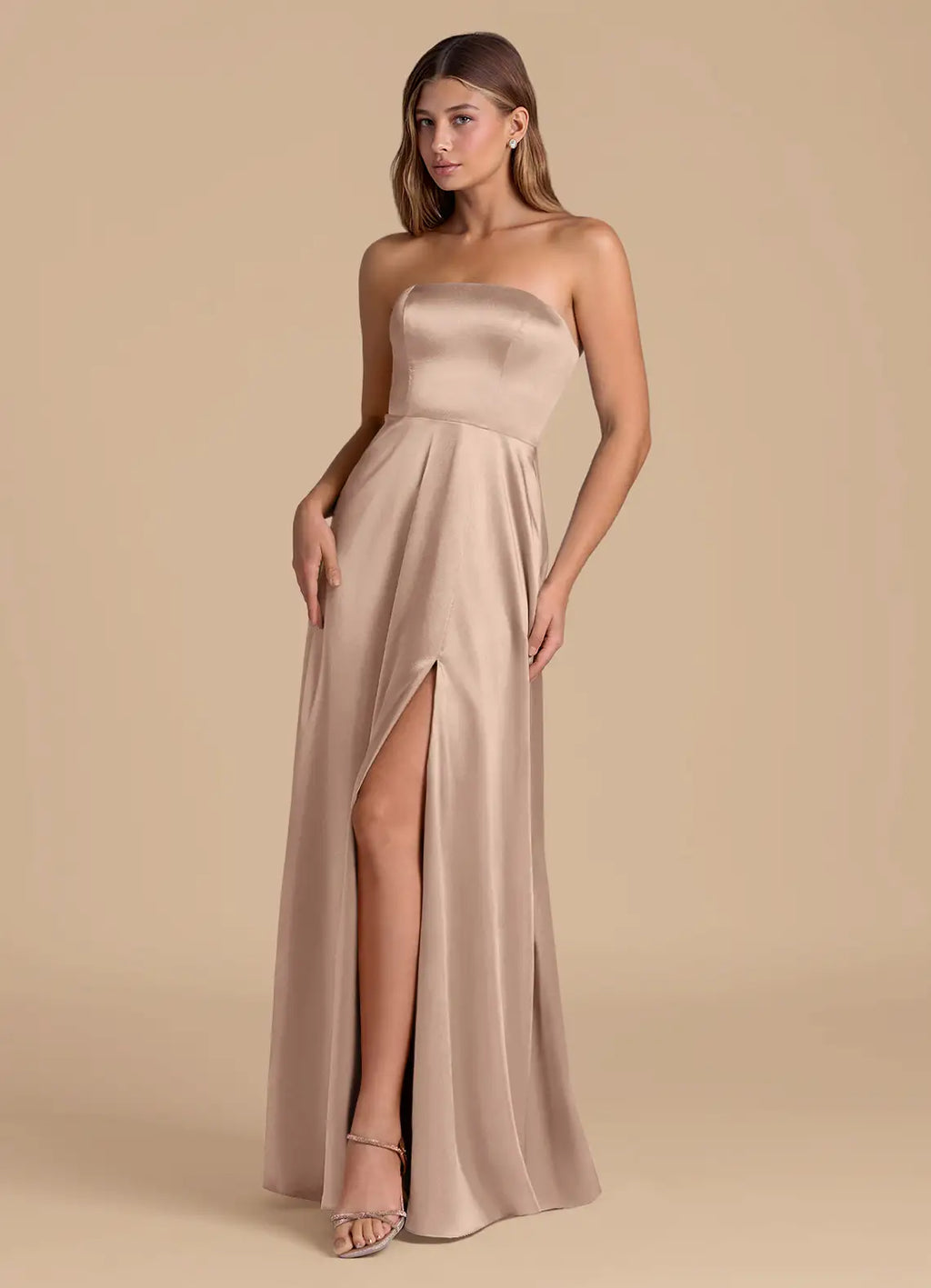 Champagne Satin A-Line Bridesmaid Dress with Straight Neck and High Slit