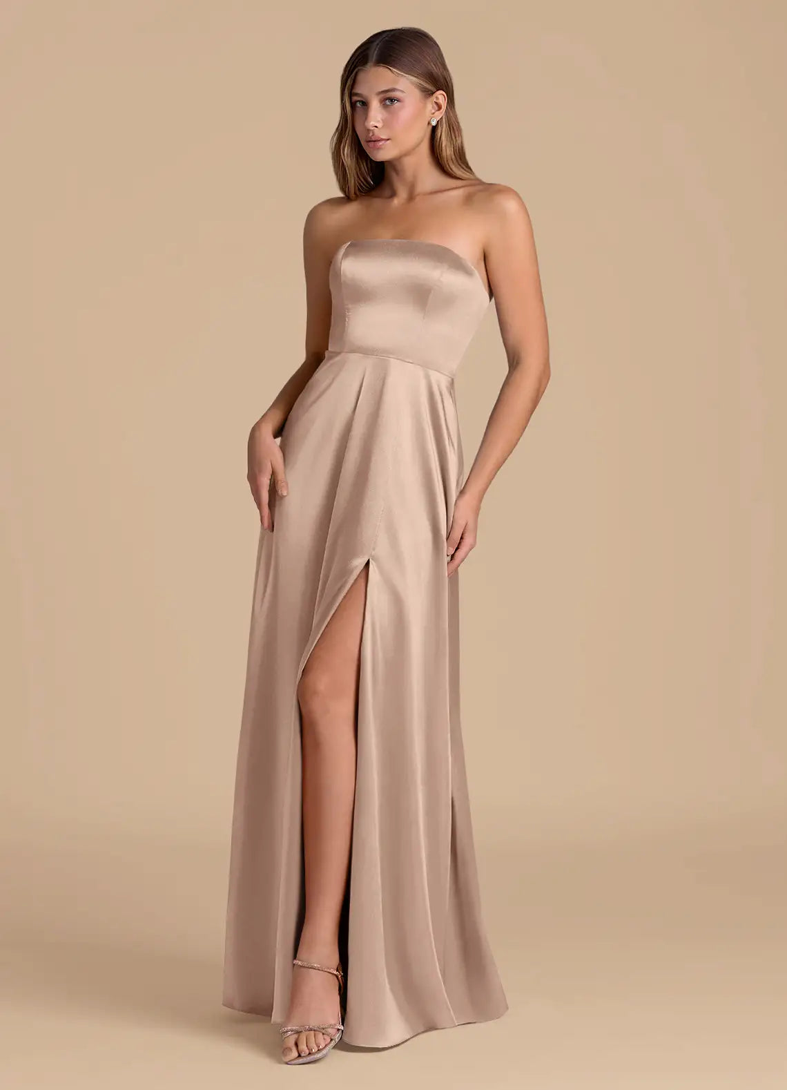 Champagne Satin A-Line Bridesmaid Dress with Straight Neck and High Slit