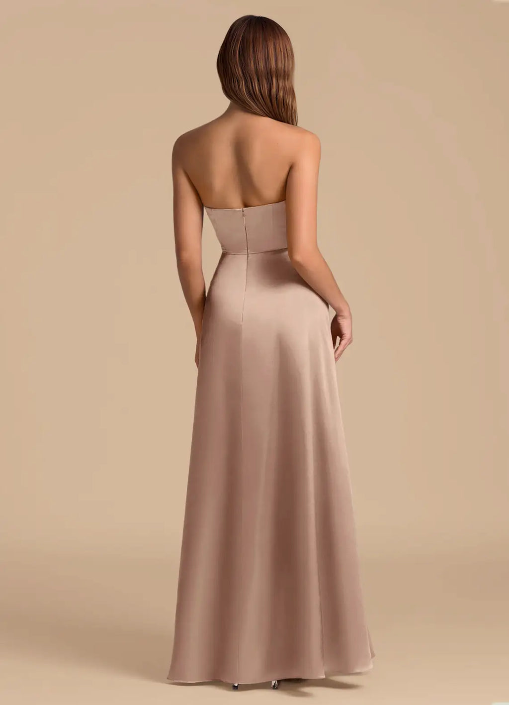 Champagne Satin A-Line Bridesmaid Dress with Straight Neck and High Slit