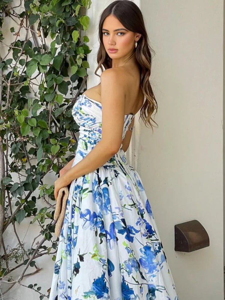 Elegant Chic Fitted A-Line Strapless Sleeveless Back Zipper Floor-Length High Slit Floral Print Prom Dresses
