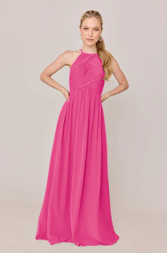 Pink Chiffon A-Line Floor-Length Halter Bridesmaid Dress with Pleated Bodice
