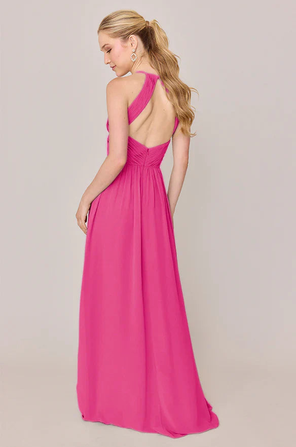 Pink Chiffon A-Line Floor-Length Halter Bridesmaid Dress with Pleated Bodice