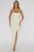 Ivory Stretch Knit Sheath/column Midi Dress with Sweetheart Neckline & High Slit