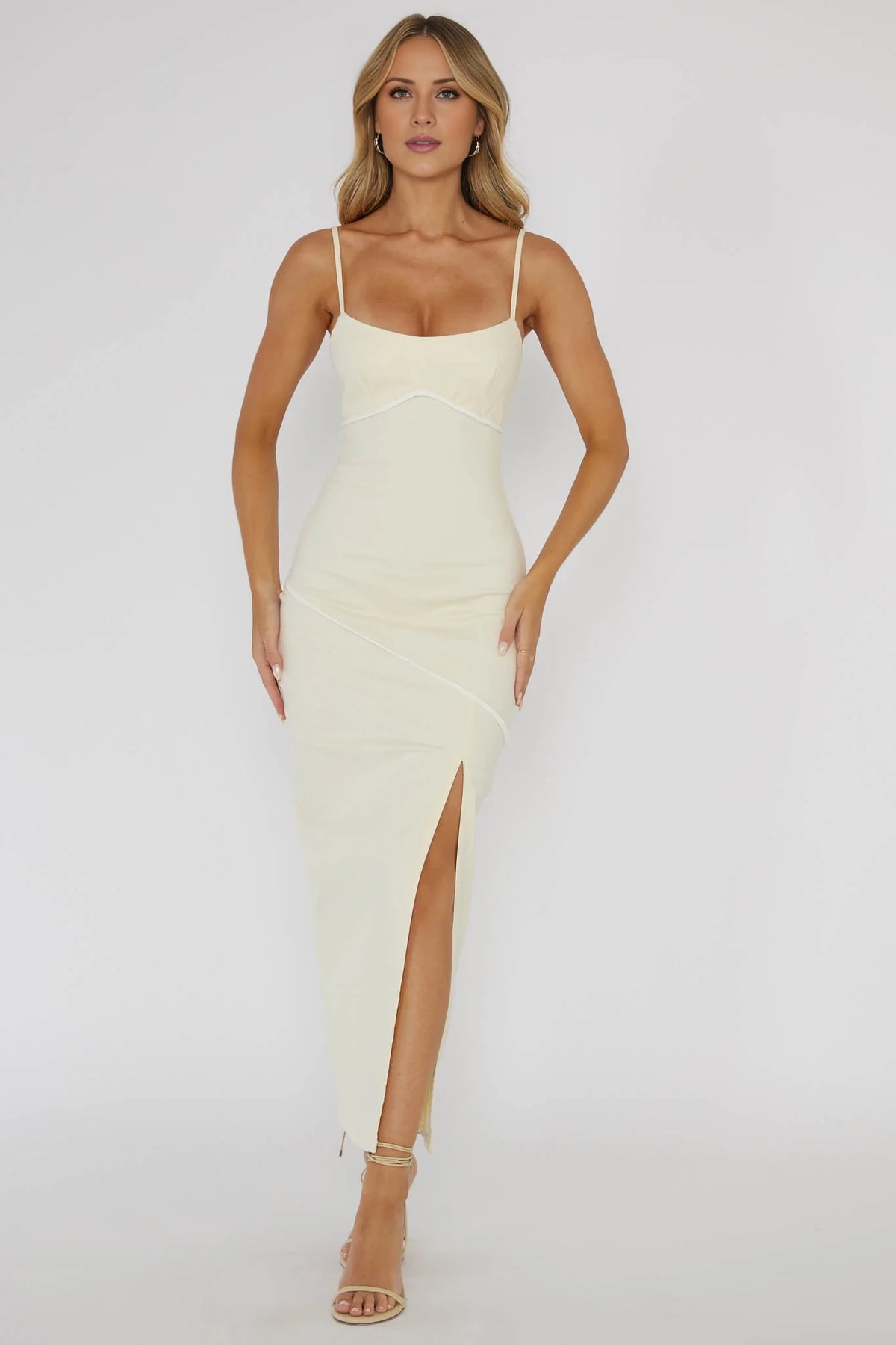 Ivory Stretch Knit Sheath/column Midi Dress with Sweetheart Neckline & High Slit