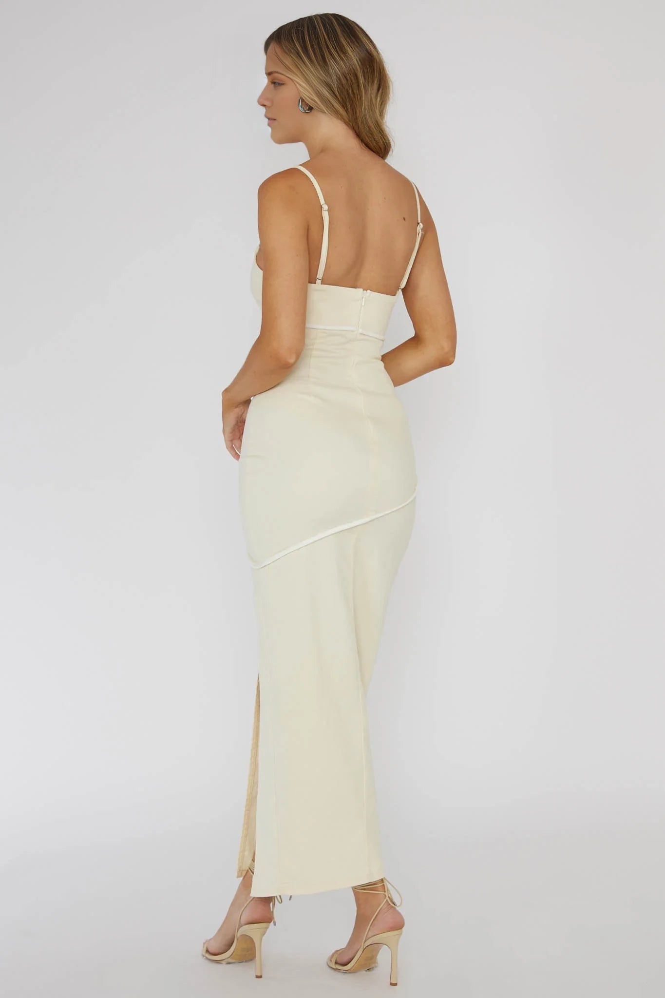 Elegant Cream Boat Neck Spaghetti Strap Back Zip Slit Contrast Trim Floor-Length Prom Dress