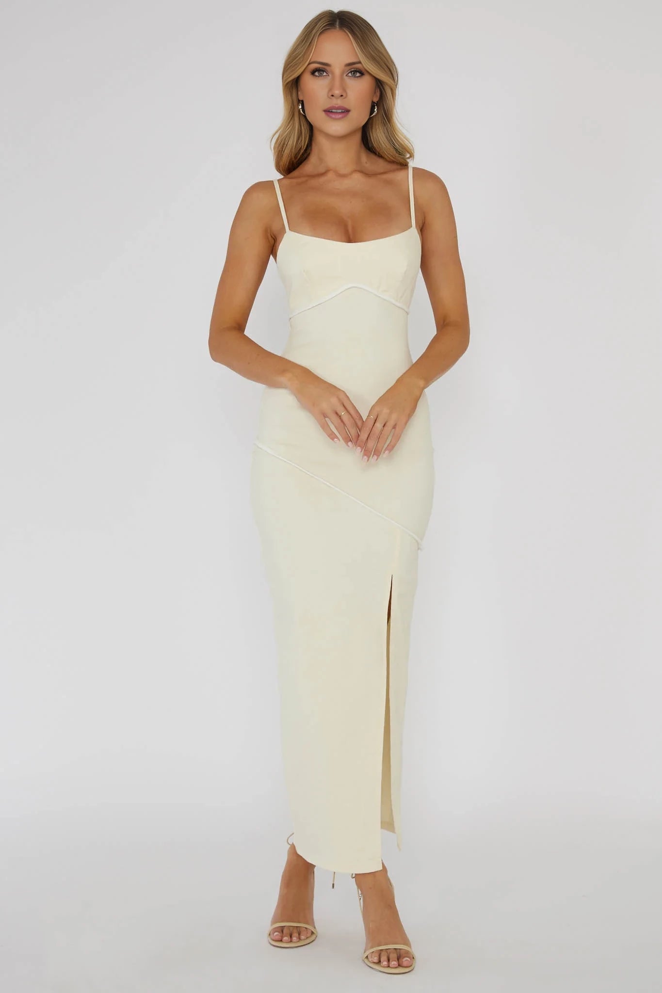 Elegant Cream Boat Neck Spaghetti Strap Back Zip Slit Contrast Trim Floor-Length Prom Dress