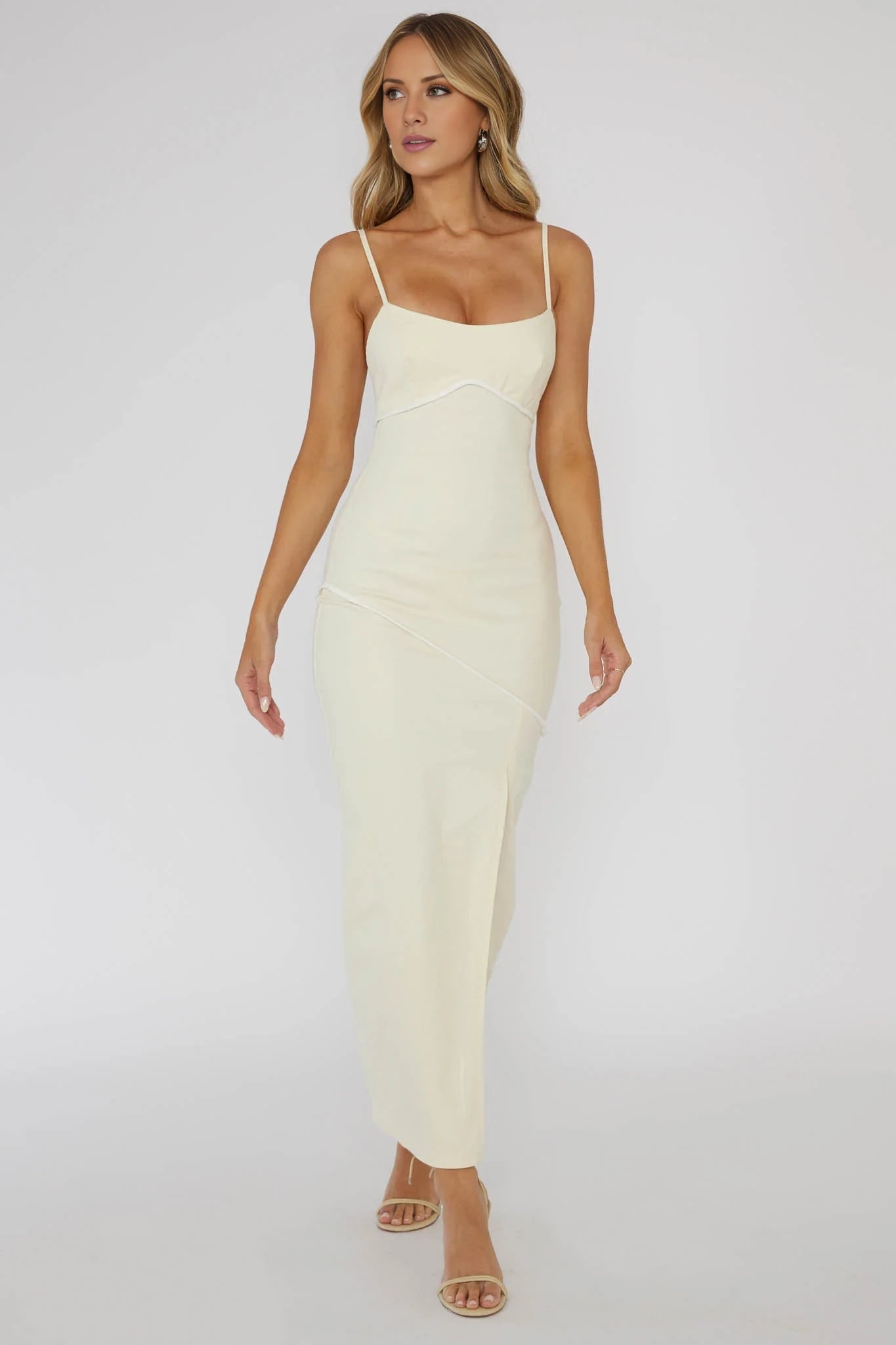 Elegant Cream Boat Neck Spaghetti Strap Back Zip Slit Contrast Trim Floor-Length Prom Dress